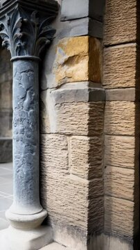 Close up of a detailed stone column with acanthus leaf design and textured surface against a stone brick wall, architectural element, building exterior