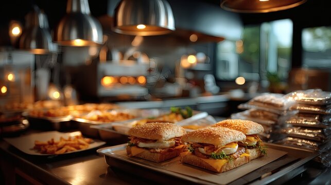 Warming station inside fast food kitchen with stacks of wrapped breakfast sandwiches under heat lamps, each with printed time stamps and item labels for quick service 