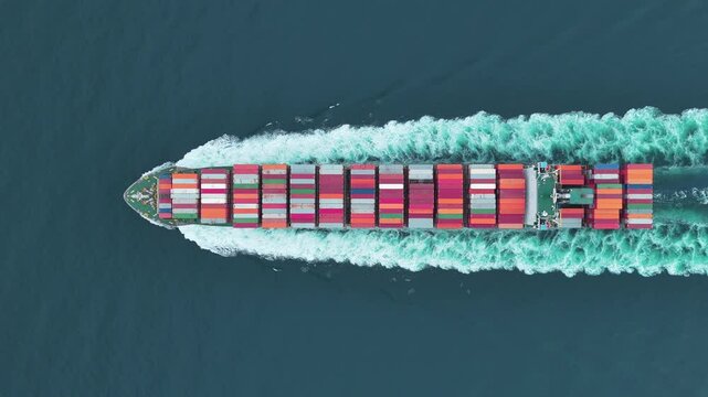 Aerial top of cargo ship contrail in the ocean sea ship carrying container and running for export from container international port freight shipping by ship service, webinar banner forwarder