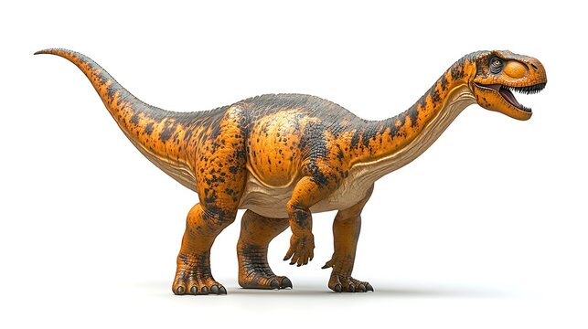 Detailed full shot of an orange and brown plateosaurus dinosaur species standing on a plain white background