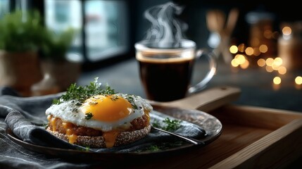 Breakfast sandwich with a thick layer of sausage patty, melted cheese, and fried egg between toasted English muffins, steam rising from the sandwich, placed on a rustic tray with napkin and 