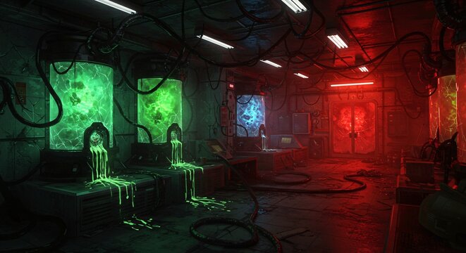 Eerie Glow Cyberpunk Sci-Fi Laboratory Interior