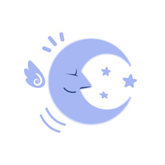 Flying moon. Pictogram. Iconic illustration for banner, ppt, poster, and art work.