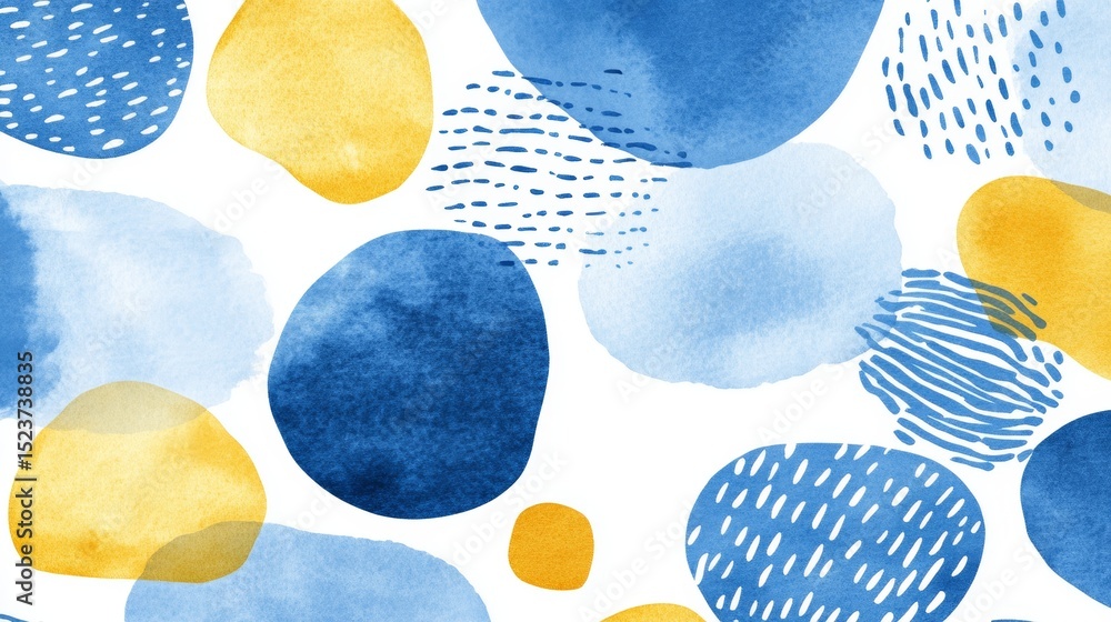 Poster hazy overlapping aqueous forms are created through the watercolor blobbing technique in blues artwor