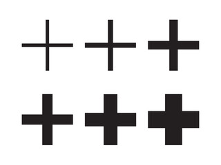 Obraz premium Vector isolated square solid black cross set, thin cross, thick cross. Colorless black and white contour line simple symbol.