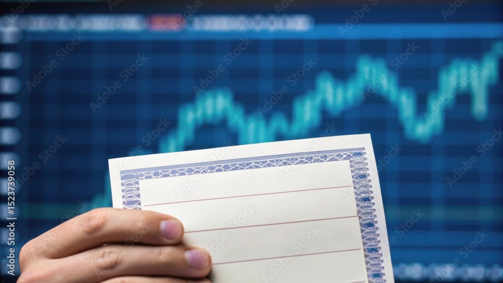 Poster a hand holds a blank certificate in front of a stock market chart displaying an upward trend.