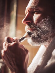 White man applying shaving cream with brush, classic shaving style, clean bathroom light, calm and focused.