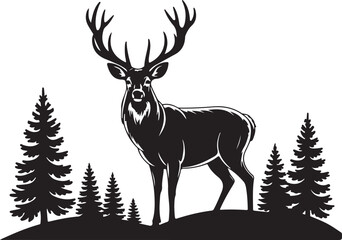 Obraz premium Mountain Deer Silhouette Clipart – Rustic Wildlife Vector ArtMajestic Deer Silhouette – Mountain and Forest Scene DesignWild Mountain Deer SVG Bundle – Cricut Cut Files for OutdoorsDeer with Ant