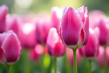 Fototapeta premium Clean and vibrant composition of blooming tulips in harmonious pink and purple hues in a bright, peaceful garden 