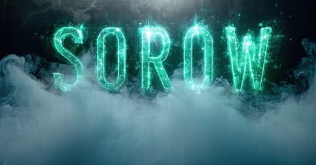 Glowing text SOROW over smoky background. Turquoise light creates dramatic effect. Dark tones dominate composition.