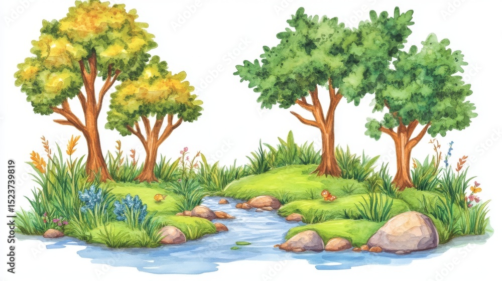 Aufkleber trees and verdant hills surround a gently flowing stream, all nestled within a forest that forms a s