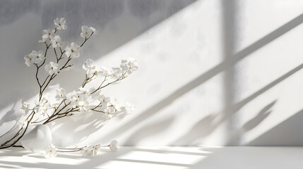 Elegant white floral arrangement minimalist setting still life pure white background soft shadows