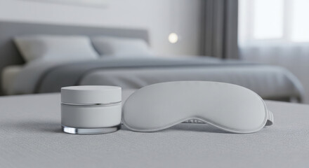 White sleep mask and cosmetic jar on bed in modern bedroom