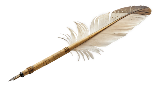 A classic quill pen with a metallic nib on a pristine transparent background, AI generated