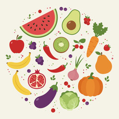 Seamless vector pattern with fresh fruits and vegetables like apple, banana, orange, and many more, perfect for a healthy food background design