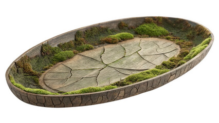 Miniature bonsai tree pot with cracked earth and moss details, AI generated