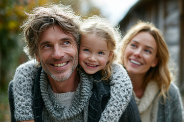  Multiracial family outdoors with happy daughter