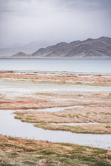 Grass and stone shore of Lake Karakul with blue water and mountain peaks in the background, cloudy weather and sky with clouds and clouds in the Pamirs, panoramic landscape
