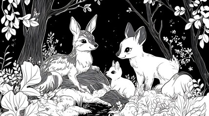 Fototapeta premium Nocturnal Deer Family in Enchanting Monochrome Forest