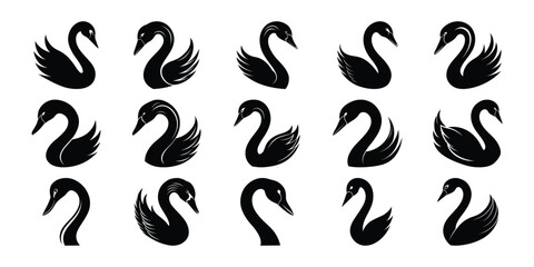 Black Swan Vector Silhouettes Collection – Elegant Swan Poses for Graphic Design and Branding