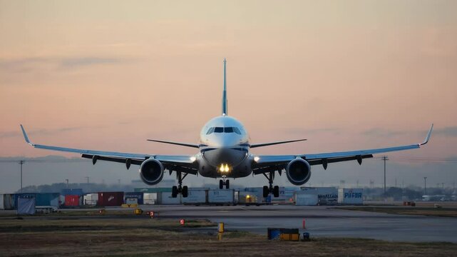 Airplane Landing at Dusk: Aviation Travel and Transportation Scene for Design and Print