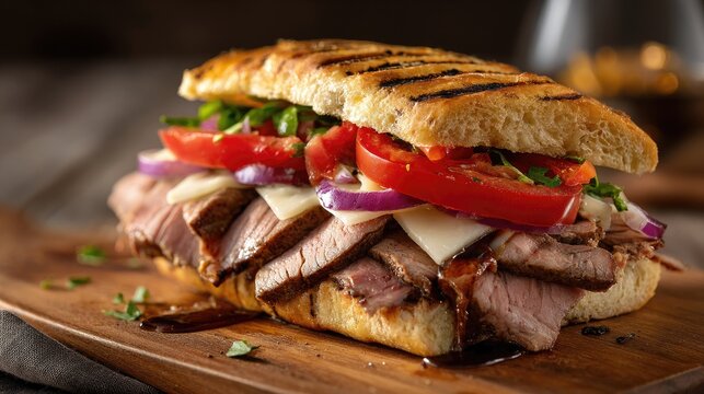 Uruguay dish Chivito Steak sandwich with toppings stacked high with ingredients