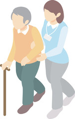アイソメトリック　介護　福祉　医療　人物　男性　女性　看護師　介護福祉士　シニア　高齢者　イラスト