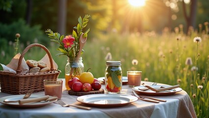 Beautiful outdoor picnic setting at sunset with fresh fruits, flowers, and soft lighting in a serene meadow