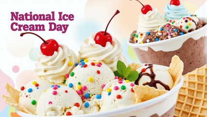 Celebrate National Ice Cream Day with delicious scoops and toppings in a festive setting