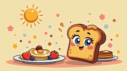 Breakfast scene featuring cheerful cartoon bread and pancakes with fruit in a sunny setting