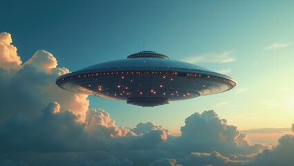 UFO hovers above clouds during sunset, illuminating the sky with soft lights and creating a mysterious atmosphere