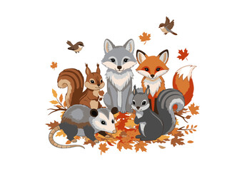 Adorable Autumn Animals Fox, Wolf, Squirrels, and Opossum Gathering Amidst Colorful Fall Leaves. Perfect for Children's Books, Autumn Decor, or Nature-themed Projects.