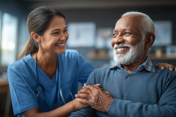 An empathetic healthcare professional provides support to a senior patient. The focus is on the moment of care and trust, captured with natural and authentic lighting.