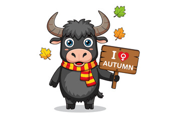 Adorable Autumn Yak Cartoon Illustration  A Cute, Cozy Character Embracing Fall's Charm with a Wooden Sign