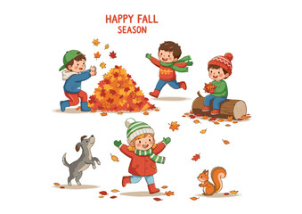 Happy Fall Season Children Playing in Autumn Leaves, Adorable Illustration
