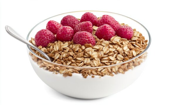 The image features a crunchy spoon, fruit chunks, and a crumble topping