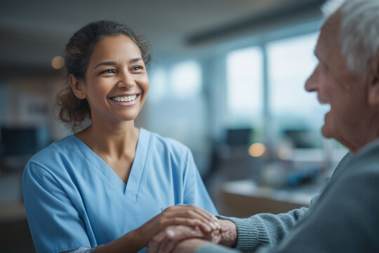 A female doctor with South Asian features offers a comforting hand to an elderly male patient in a brightly lit, real-life clinic setting, focusing on their connection.