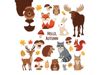 Fototapeta premium Adorable Autumn Animals Cute Forest Creatures Illustration Featuring Deer, Fox, Owl, and More!