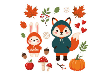 Fototapeta premium Adorable Autumn Animals Fox and Bunny in Hoodies with Fall Elements Illustration