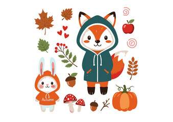 Fototapeta premium Adorable Autumn Fox and Bunny in Hoodies Cute Fall Illustration with Seasonal Elements