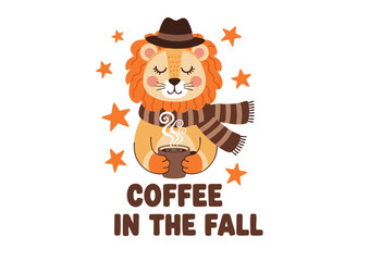 Fototapeta premium Adorable Lion Enjoying Coffee in the Fall Cozy Autumn Illustration
