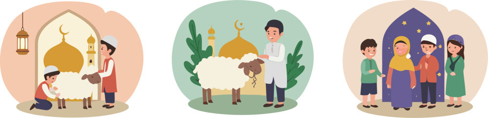 Cartoon flat vector illustrations of a set of colorful Eid al Adha