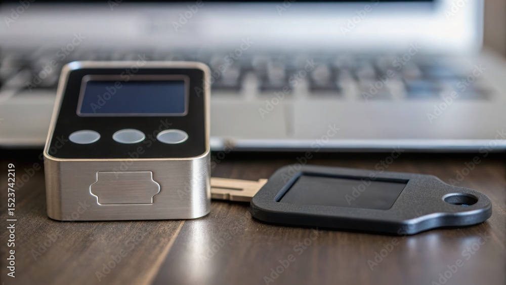 Poster digital device with a screen and buttons next to a key, placed on a wooden surface near a laptop key