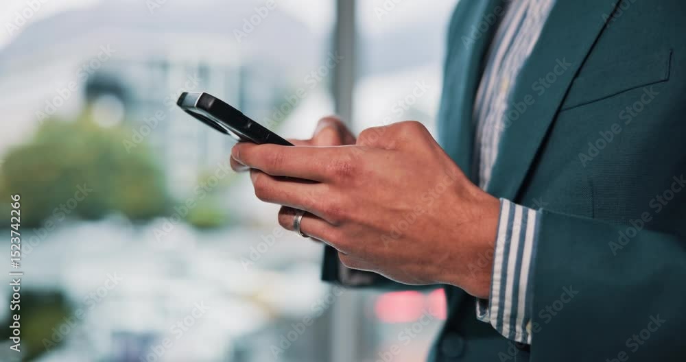 Poster hands, phone and text message with employee person in office for communication, typing or update. ap