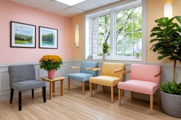 Fototapeta premium Colorful waiting room with pastel armchairs and natural light illuminating cozy interior
