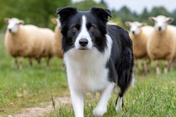 Fototapeta premium Border collie herding sheep in a green field