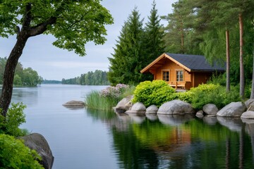 Obraz premium Wooden lakeside cabin reflecting in calm water surrounded by lush vegetation