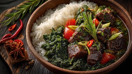 Madagascar dish Romazava Beef stew with leafy greens tomatoes and ginger served over rice the national dish with a dark green appearance