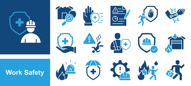 Work Safety icon set with hazard, risk, prevention, protection, accident, emergency, injury, first aid, evacuation and fire.