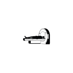 Minimalist silhouette of a CT scanner with a horizontal bed on white background